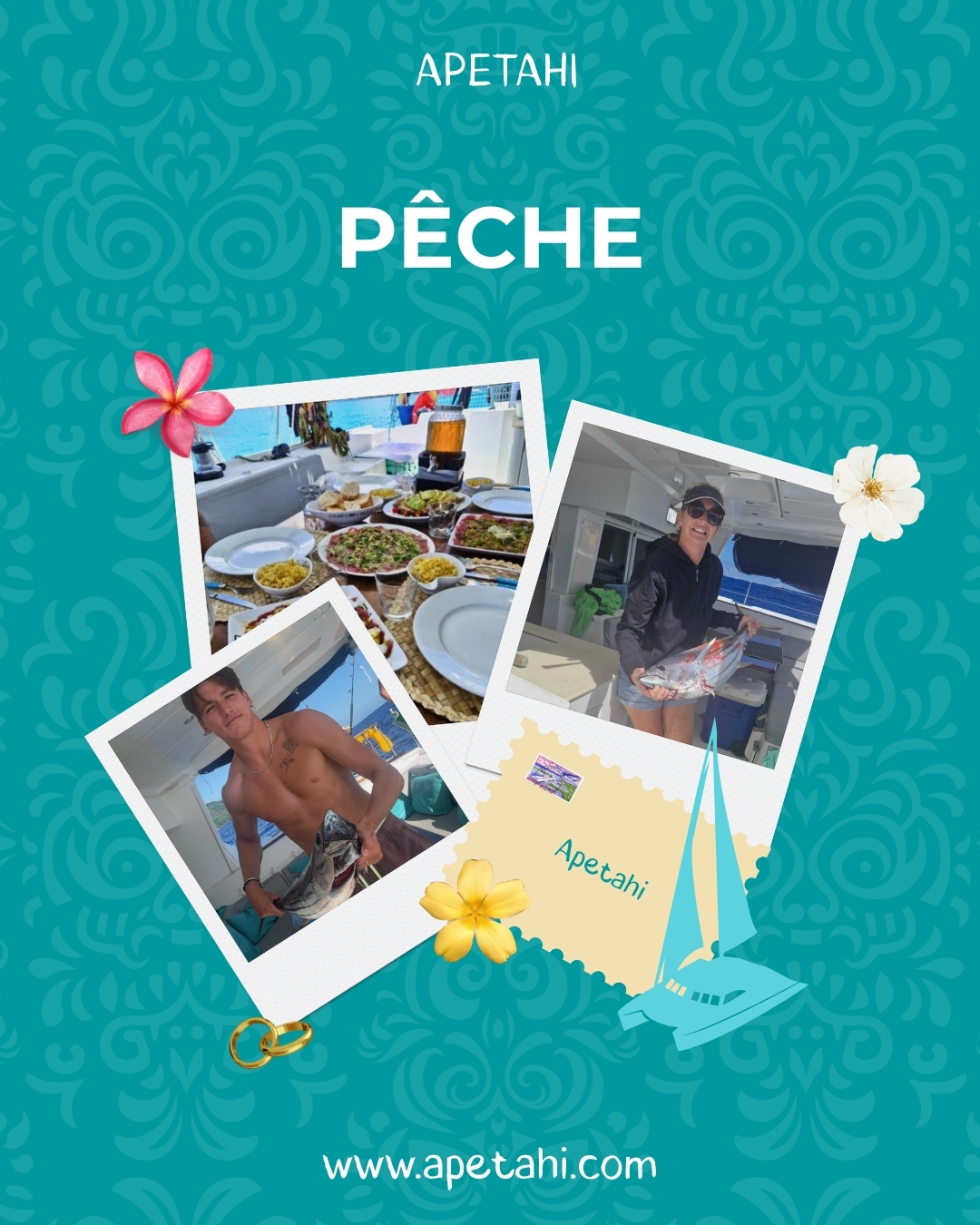 Pêche en catamaran pendant une croisière en Polynésie